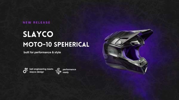 Slayco Moto-10 Speherical helmet on a dark background with promotional text.