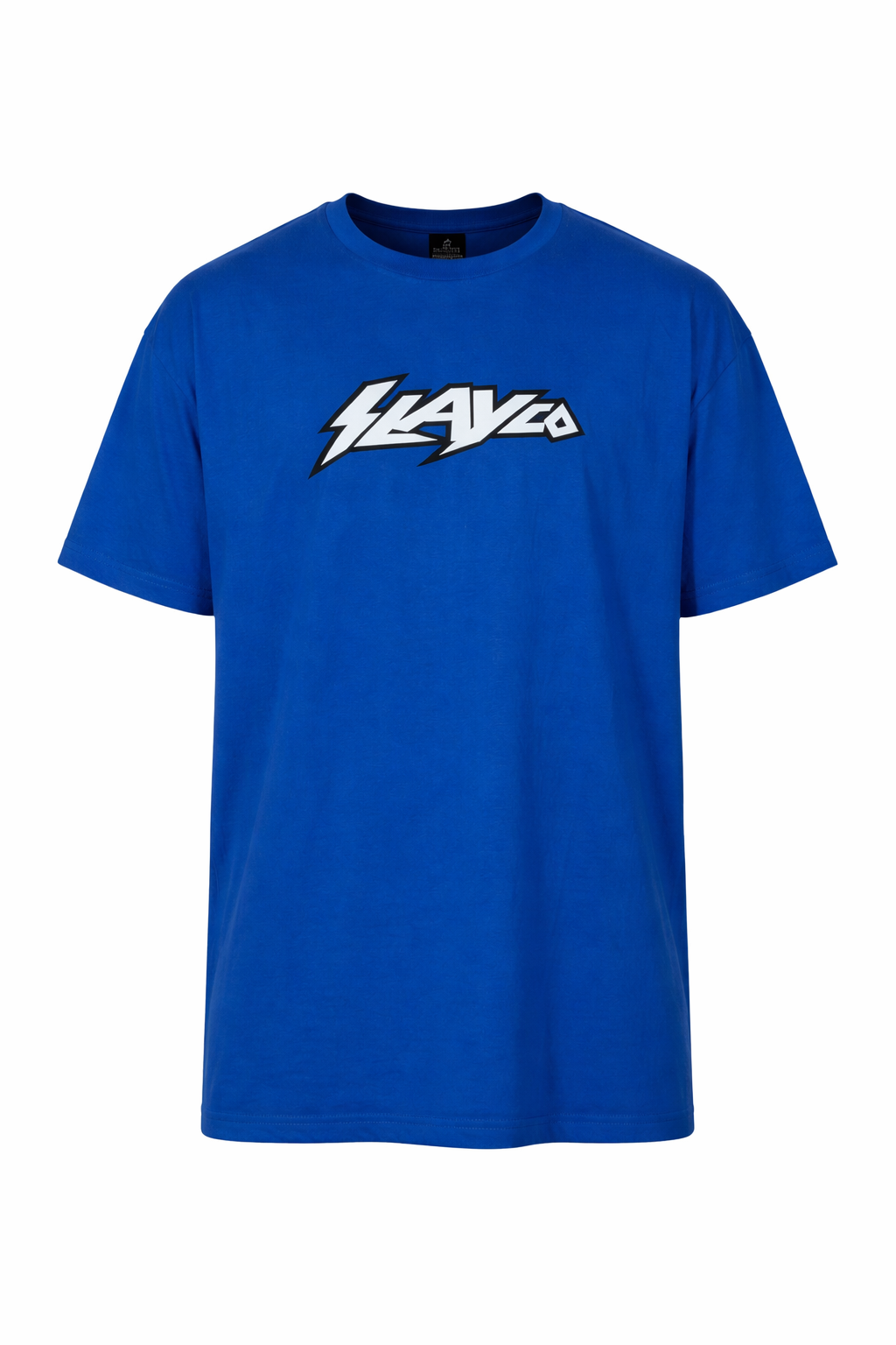 Blue t-shirt with Slavco logo on a white background