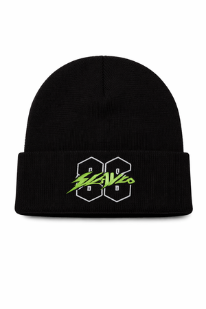 Black beanie with green logo on a white background