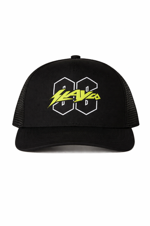 Black trucker cap with yellow and white logo on a white background