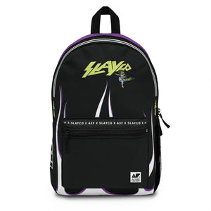 slayco Black backpack with yellow text and design on a white background