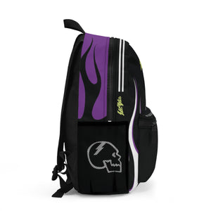 Black backpack with purple flame design and skull emblem on a white background